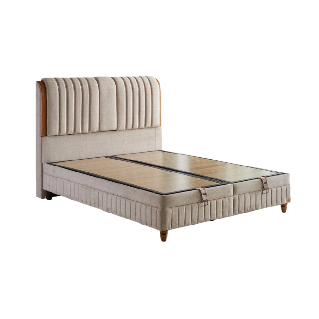 Lit en tissu avec tête de lit capitonnée et détails en bois — Style contemporain