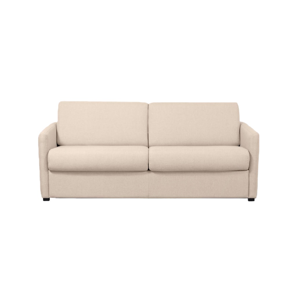 Canapé-lit 3 places en tissu beige – design minimaliste et couchage intégré