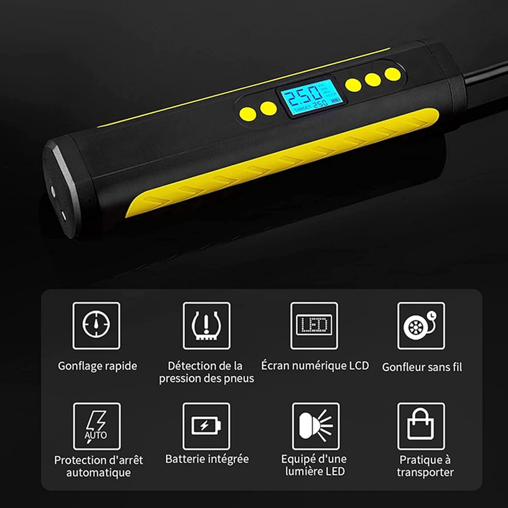 Boyuan Compresseur d'air Portable, gonfleur de Pneu 150 PSI, Batterie Li-ION Rechargeable 2000 mAh, Pompe à air de vélo, manomètre numérique, pour pneus de Voiture/vélo/Moto/Ballon : Auto et Moto