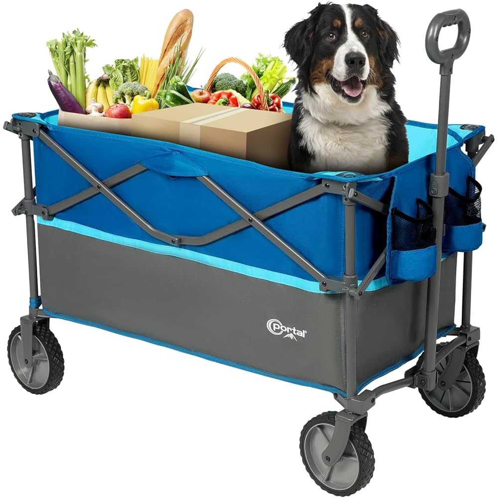 PORTAL Chariot de Jardin Pliable Plus Grande capacité pour Festival, Plage, Camping, Grande capacité, Chariot Pliable avec roulettes, remorque de Pique-Nique Pliable Robuste Bleu : Jardin