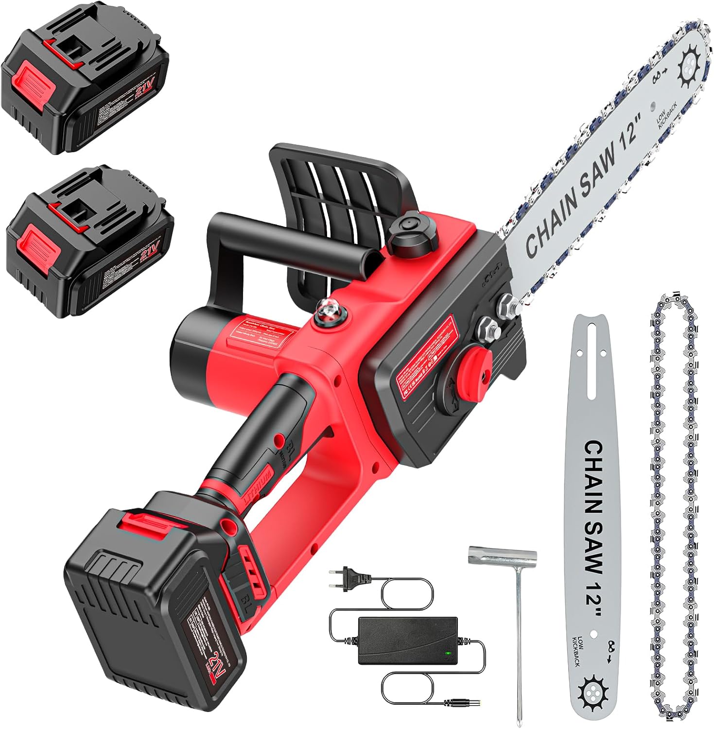 Brushless Trononneuse avec batterie 3000mAh * 2, 12 pouces scie à chane électrique sans fil, scie à chane électrique à une main, scie à chane manuelle sans fil avec verrouillage de sécurité