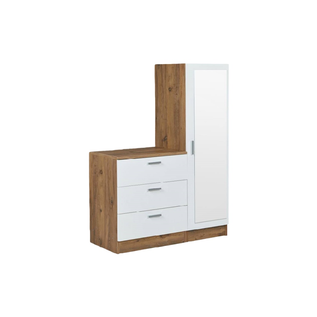 Armoire combinée en chêne et blanc avec miroir – 3 tiroirs et 1 porte – design moderne et fonctionnel