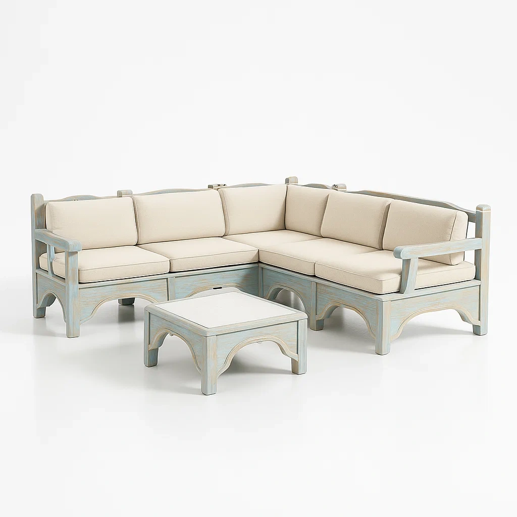 Canapé d’angle en bois massif beige avec coussins amovibles