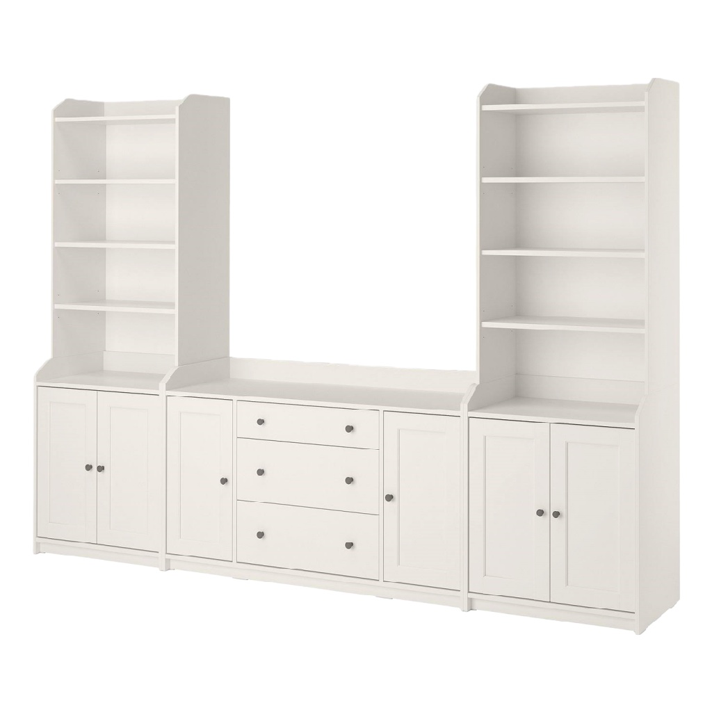 Meuble de rangement mural blanc avec étagères et tiroirs – combinaison bibliothèque et buffet