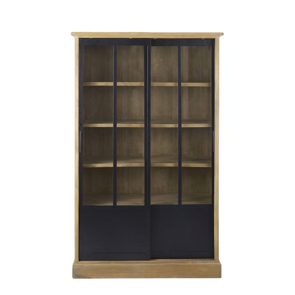 Grande vitrine industrielle en bois et métal noir — portes vitrées coulissantes — style loft