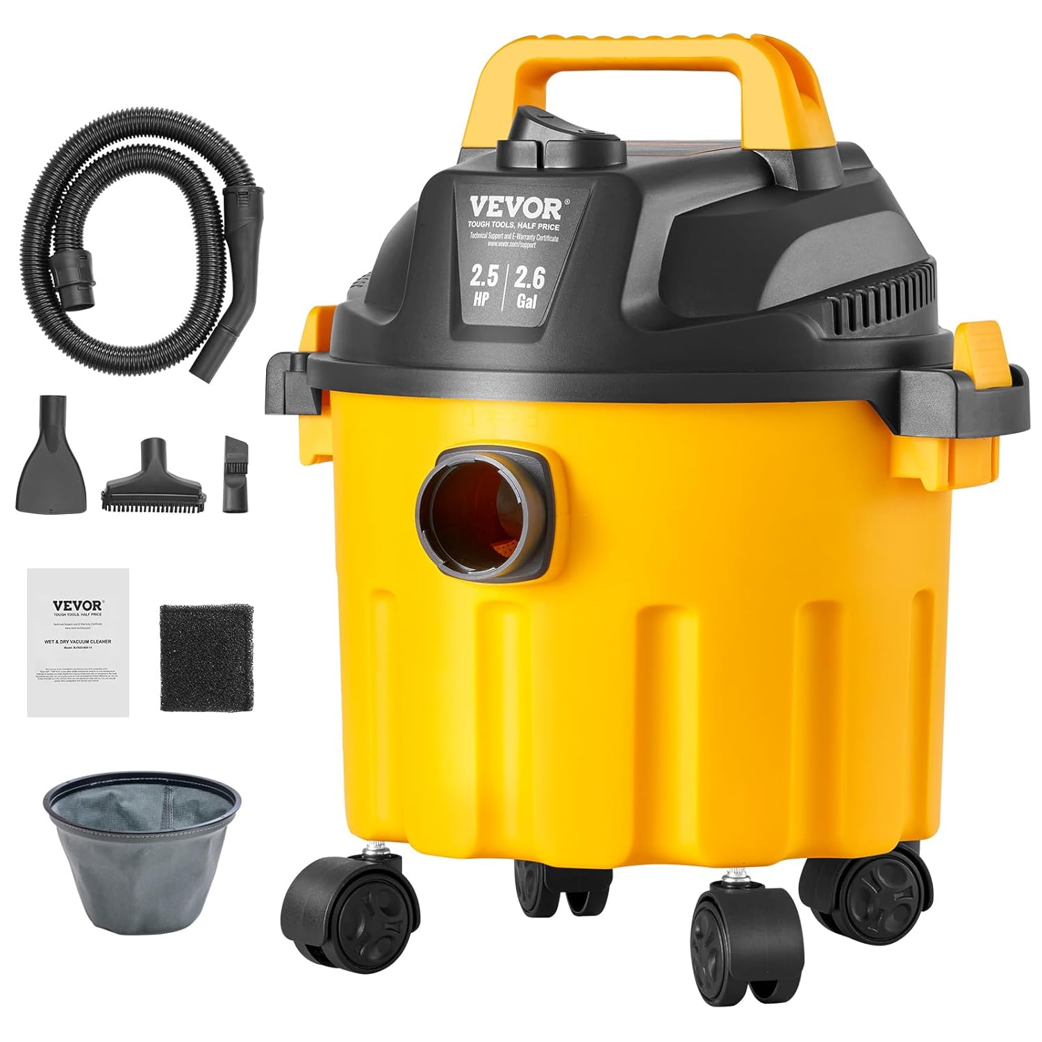 VEVOR Aspirateur eau et poussière 10 L, aspirateur d'atelier sec humide portable léger, 2,5 CV max, aspiration et soufflerie efficaces avec buse, roulettes, pour tapis, débris, poils d'animaux, jaune : Cuisine et Maison