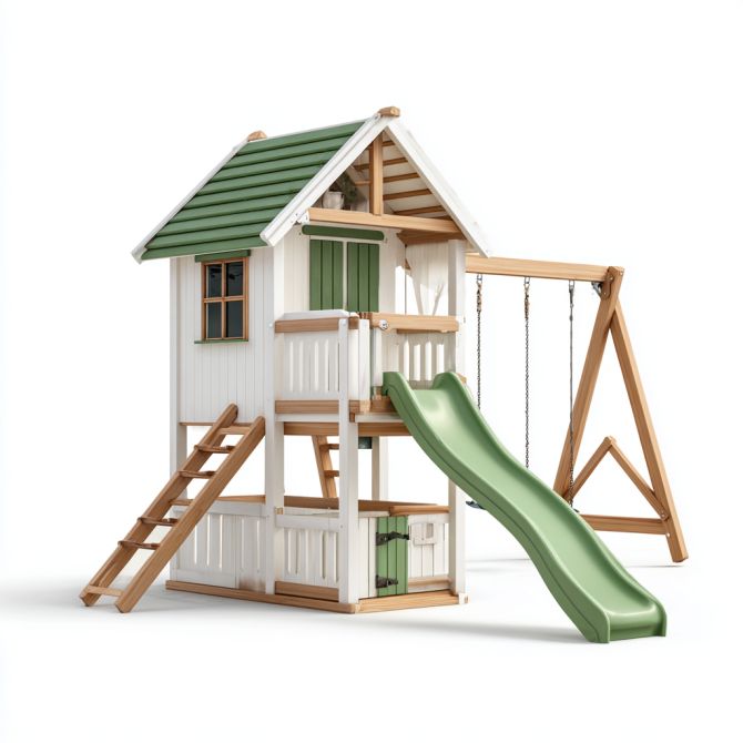 Maison de jeux en bois pour enfants avec toboggan vert et balançoire – Design extérieur et sécurisé