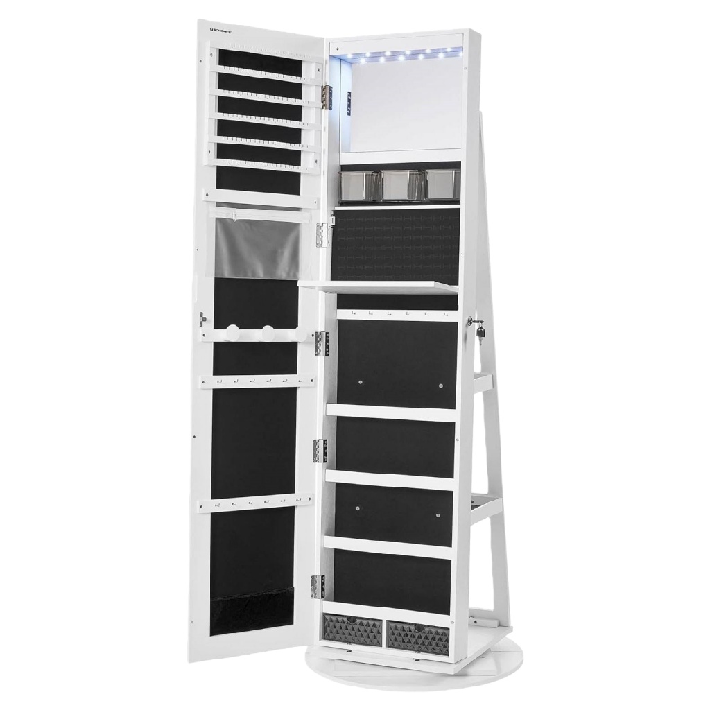 Armoire à bijoux sur pied avec miroir et éclairage LED 40×36×150 cm