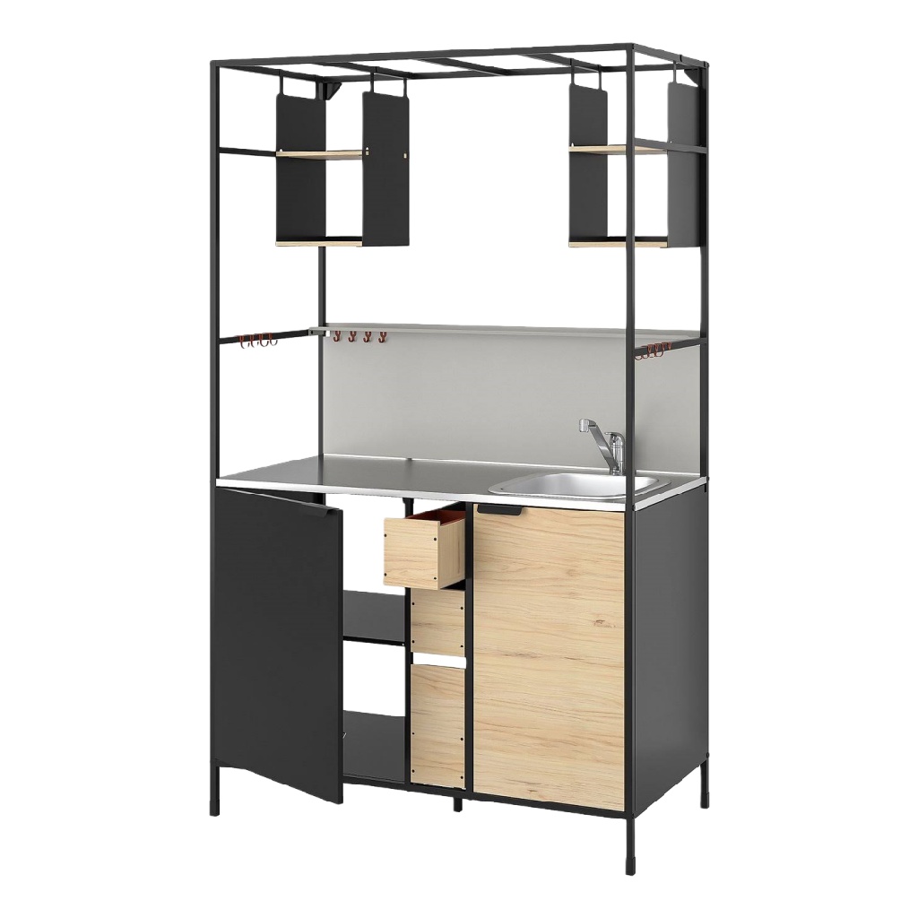 Meuble de cuisine multifonction industriel avec évier, étagères et plan de travail inox