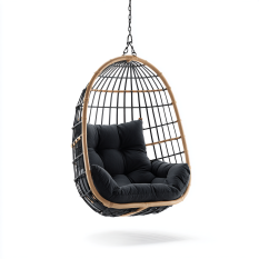 Fauteuil suspendu en rotin noir avec coussins assortis