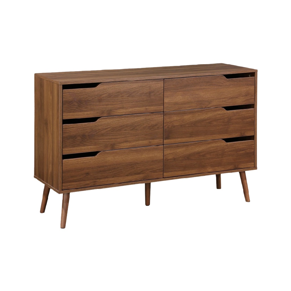 Commode 6 tiroirs style scandinave en bois noyer – 140×80×45 cm, garantie 2 ans