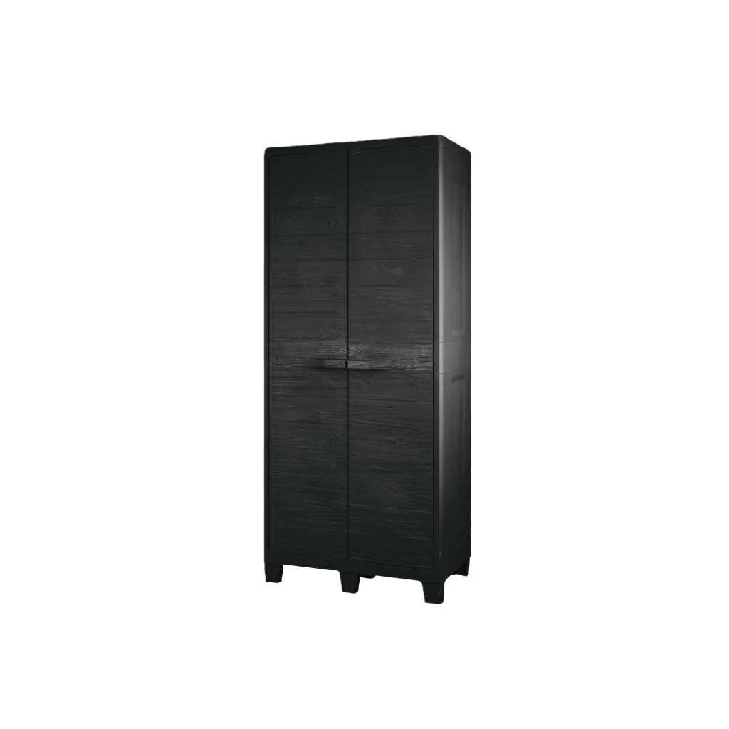 Armoire haute de jardin effet bois noir, rangement vertical en résine PP étanche