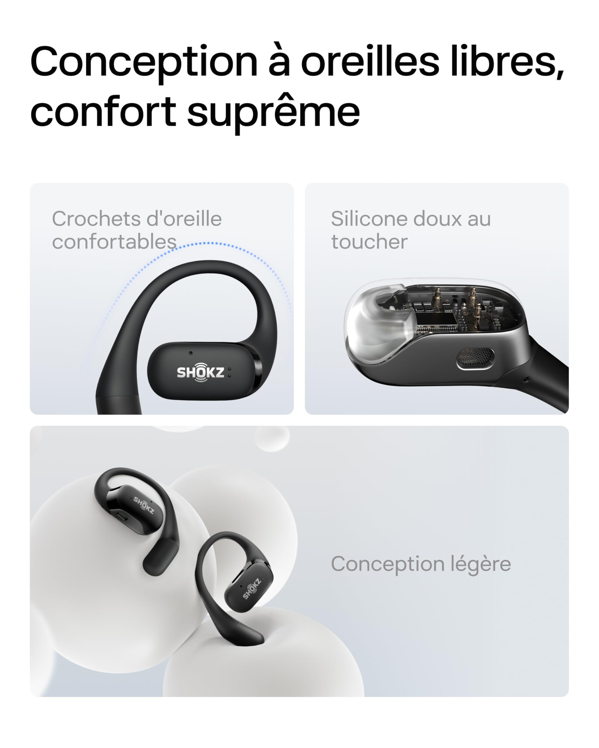 SHOKZ [2023 Nouveuté] OpenFit Écouteurs Bluetooth sans Fil-Casque Audio avec Micro Intégré-Confort aux Oreilles Libres Léger-Recharge Rapide-28h d’Autonomie-pour Appel Music l’Usage Quotidien-Noir