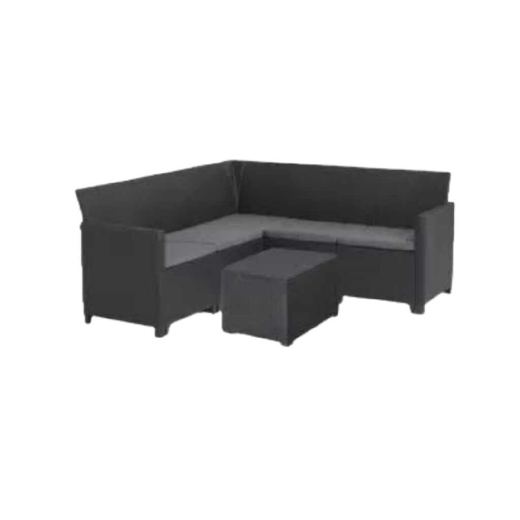 Salon de jardin d’angle en résine tressée noire – coussins gris – table basse assortie