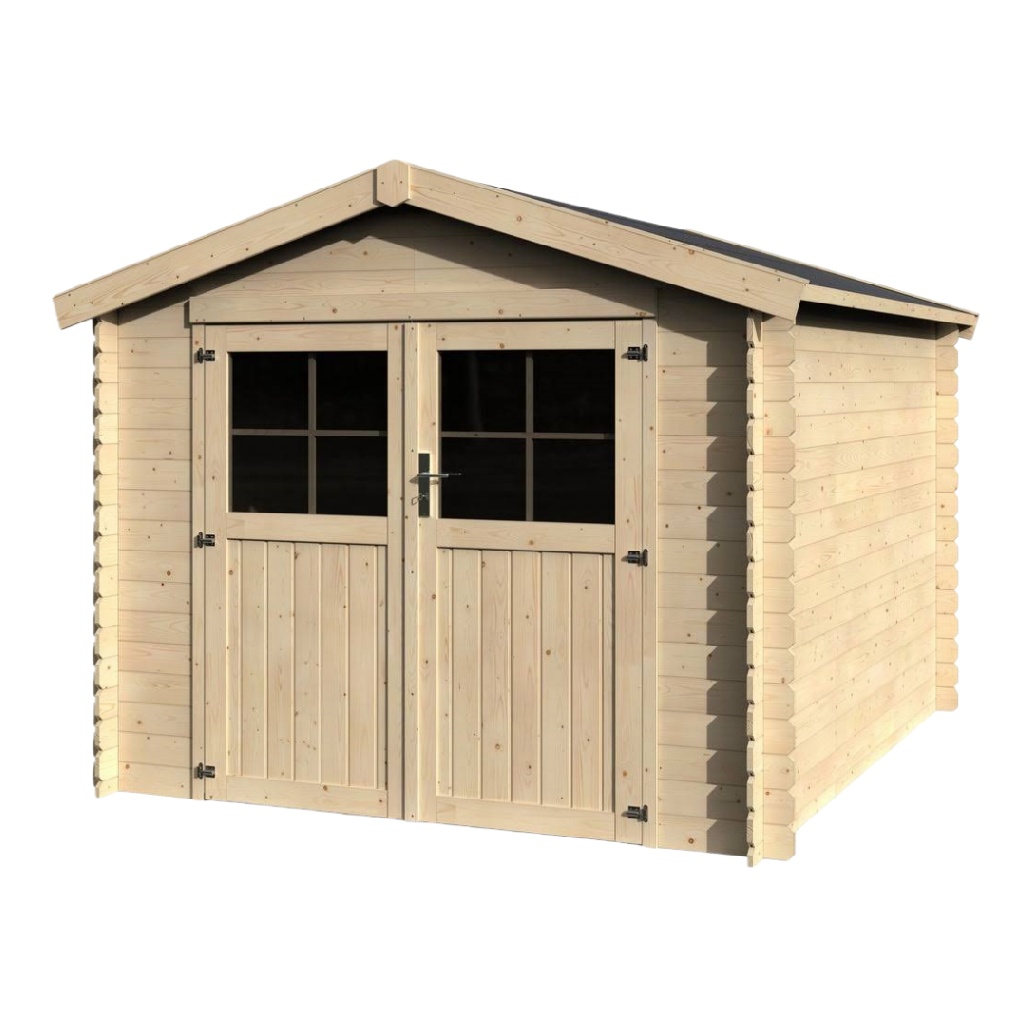 Abri de jardin en bois massif 3 × 3 m avec double porte et fenêtres – cabane de rangement extérieur