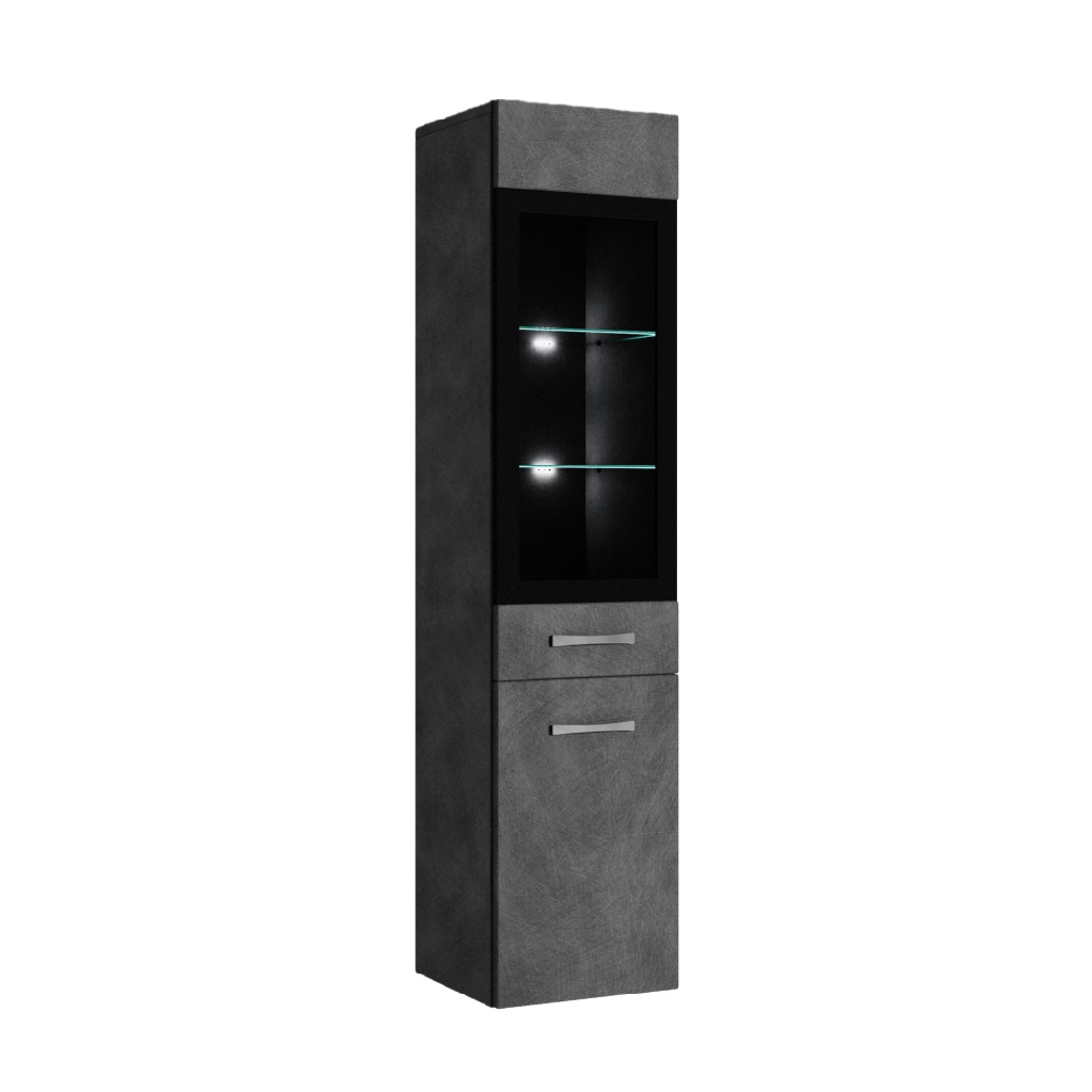 Vitrine haute LED style industriel — armoire en béton gris et noir avec portes vitrées