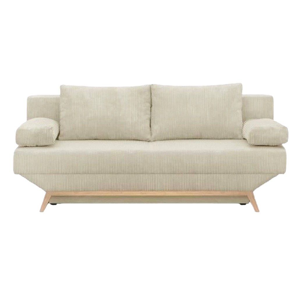 Canapé 3 places en velours côtelé beige avec pieds en bois clair – design scandinave, assise moelleuse et élégante