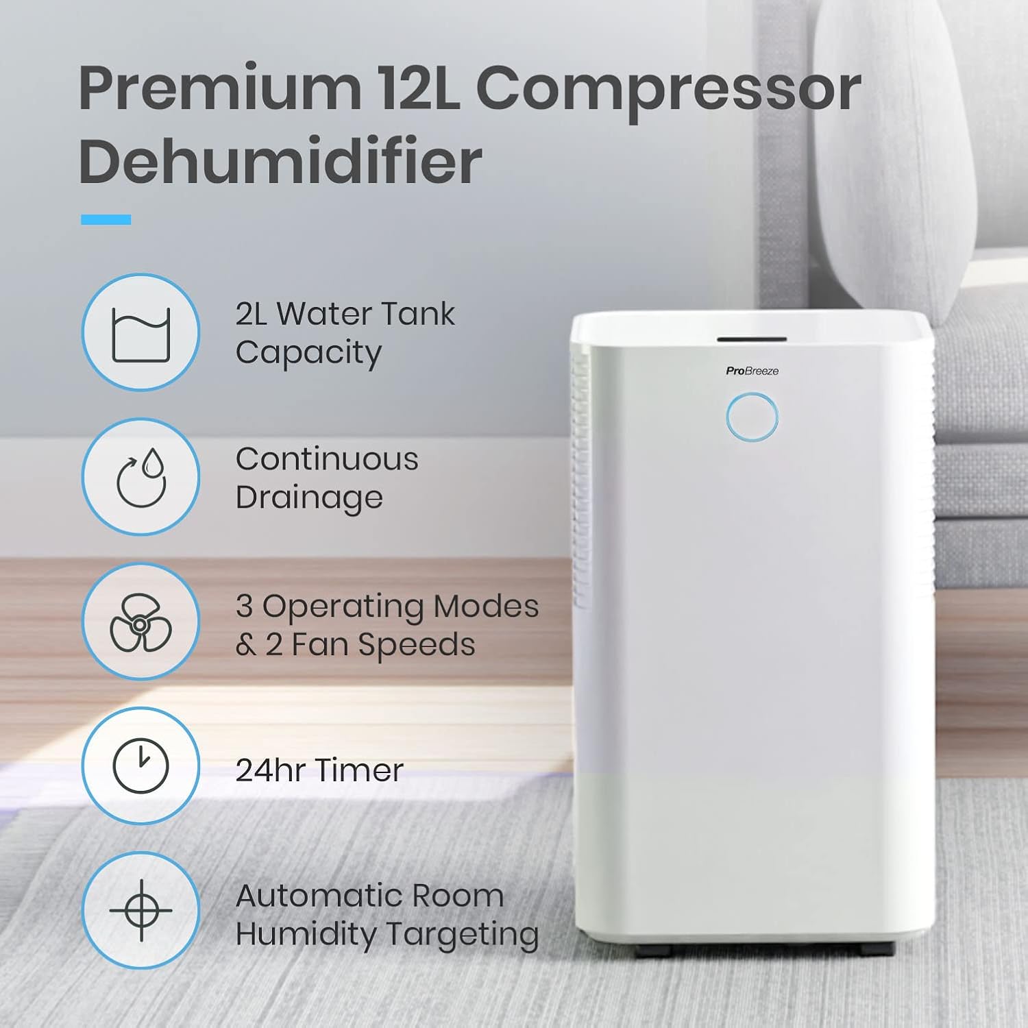 Pro Breeze Déshumidificateur Compresseur 12 L/jour avec capteur d'humidité automatique, Séchage du linge, Drainage continu, Mode Nuit & Minuterie 24 heures - Réduit humidité, moisissure, condensation