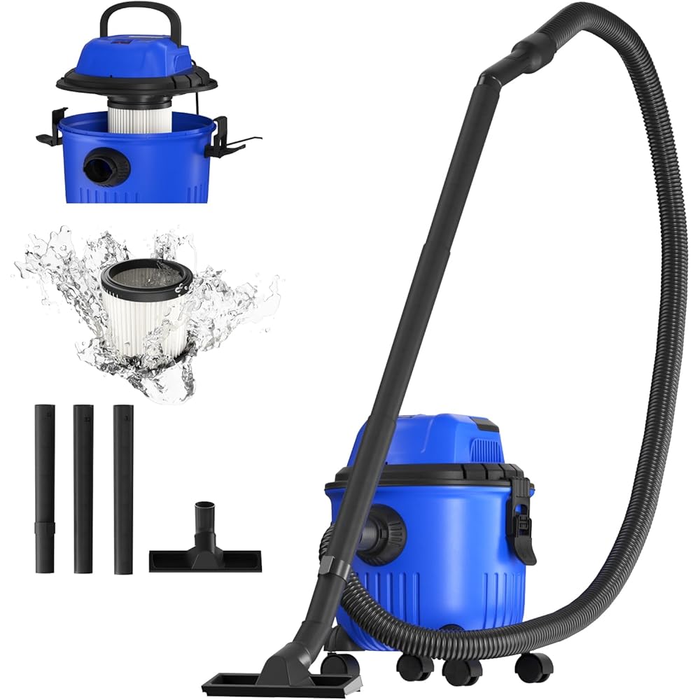 Aspirateur eau et poussière, fonction soufflerie, puissance : 2000W, bac plastique : 15L, tuyau d'aspiration : 1.5m, filtre HEPA lavable, suceur plat, pour sols durs, poils d'animaux, moquette, bleu : Cuisine et Maison