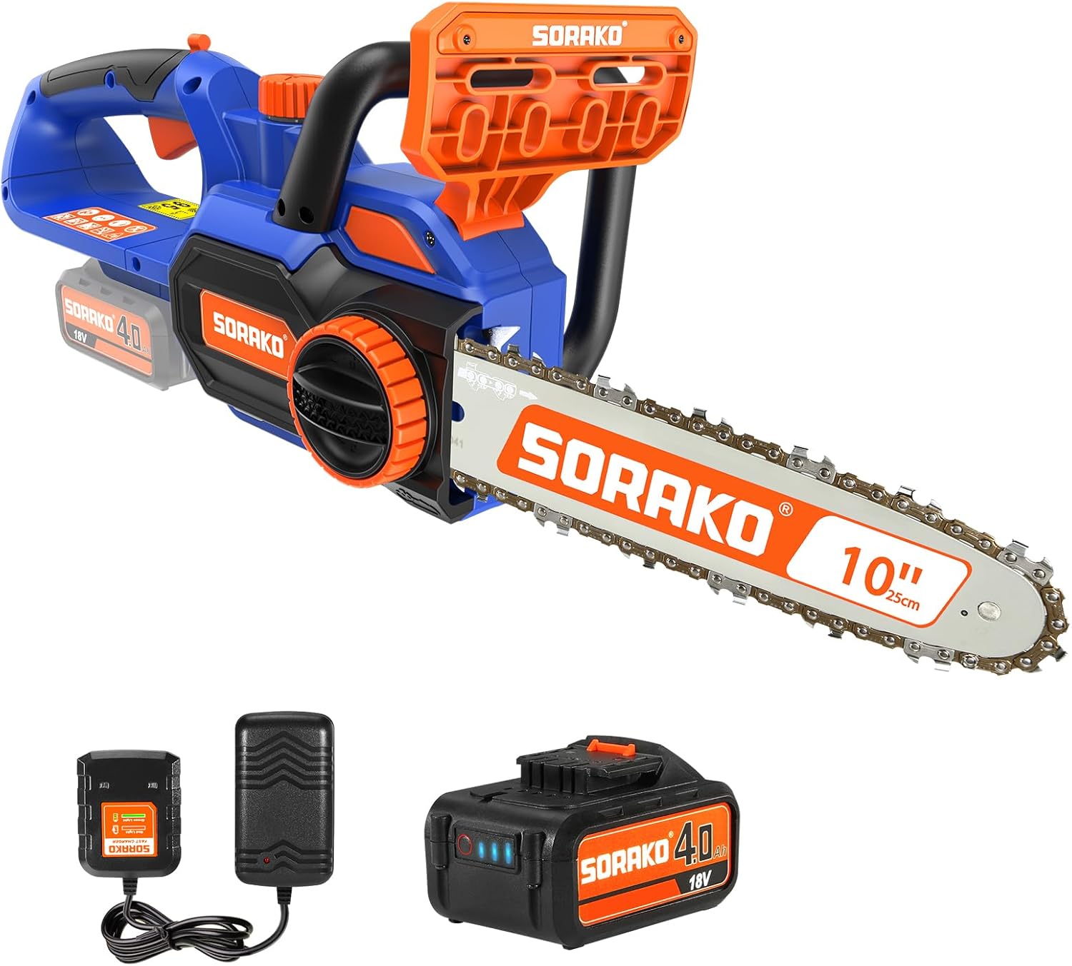 SORAKO Trononneuse Sans Fil 4.0Ah 18V, Tronconneuse a Batterie 25,4cm, Tendeur de Chaine Sans Outil (Comprend une batterie Li-Ion, chargeur rapide) Pour Couper du Bois Arbres Haies
