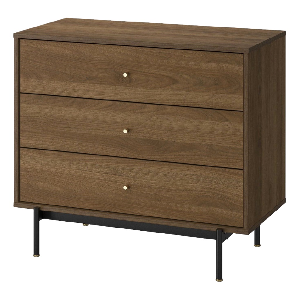 Commode 3 tiroirs en noyer avec pieds métalliques noirs et poignées dorées – 90×85×45 cm, style moderne chic