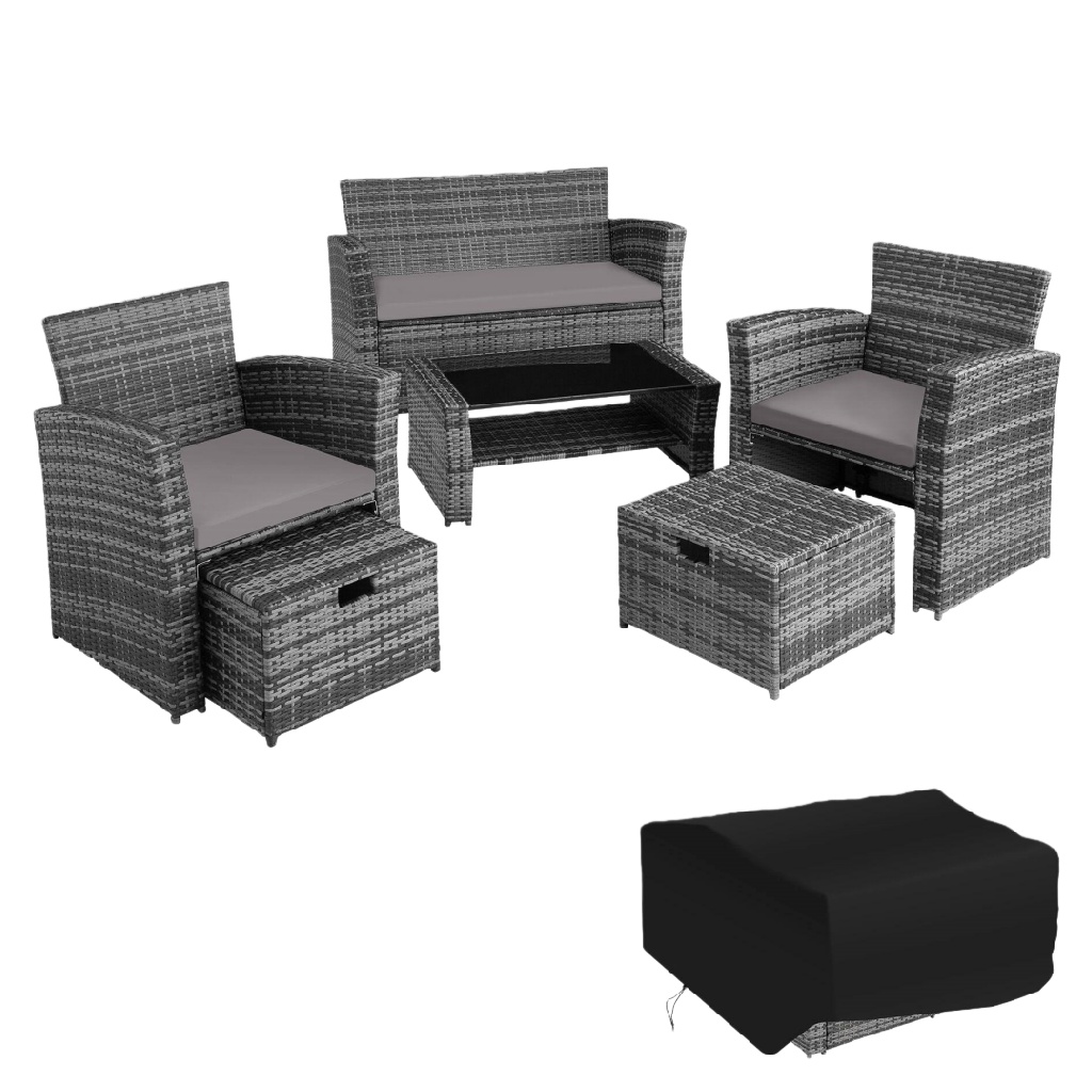 Salon de jardin 5 pièces en résine tressée grise – avec coffre de rangement et housse – coussins gris