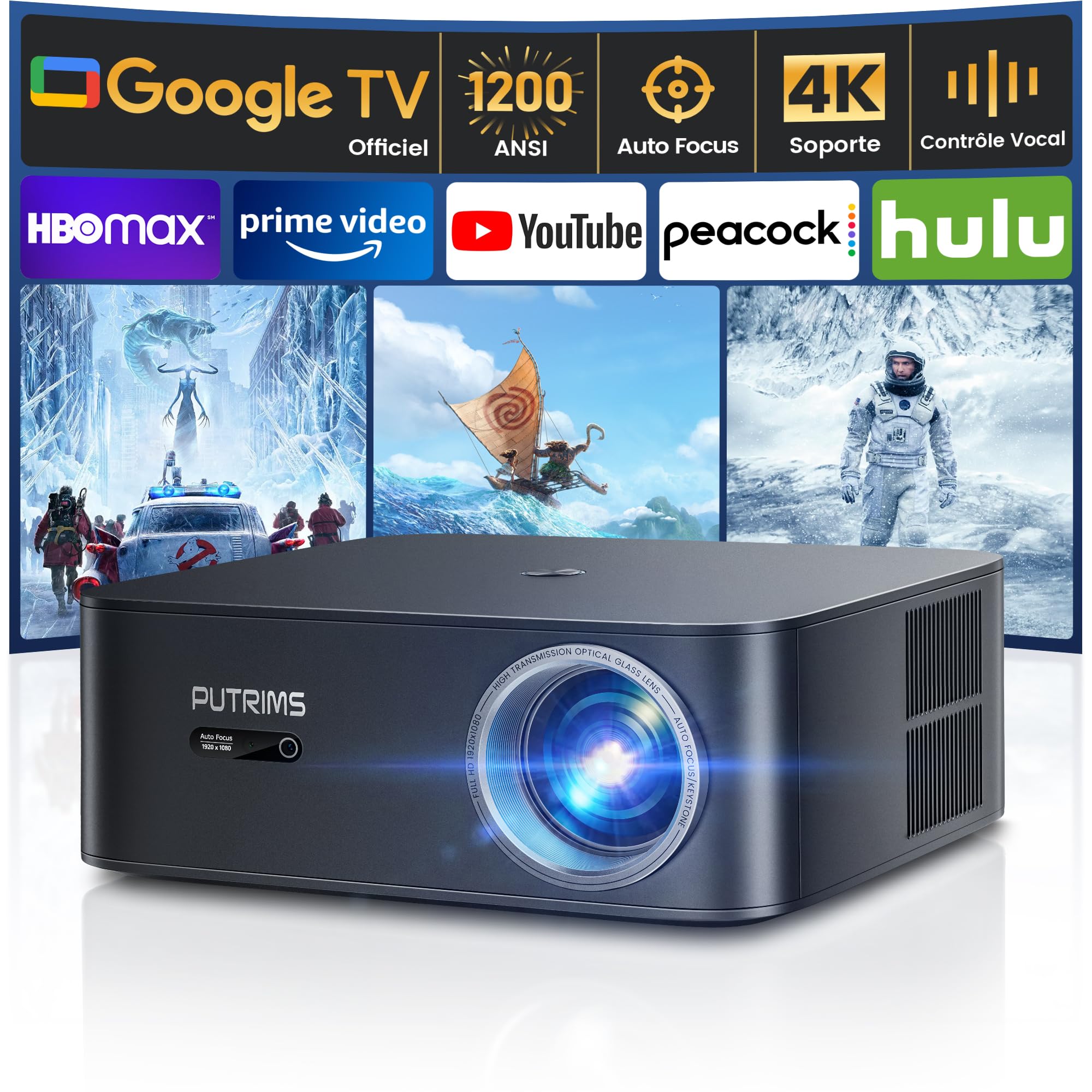 Vidéoprojecteur 4K【1500 ANSI/Google TV】 Netflix/Disney+ Officiel, Auto Focus/Keystone Projecteur WiFi6 Bluetooth Full HD 1080P, Contrôle Vocal, Zoom 5