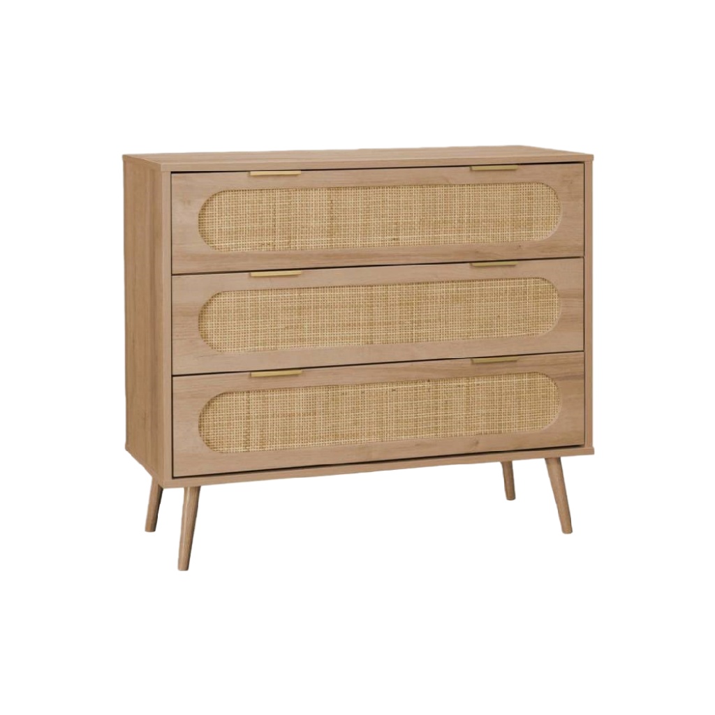 Commode 3 tiroirs bois naturel avec façade en rotin et poignées dorées – 90×85×40 cm, style vintage scandinave