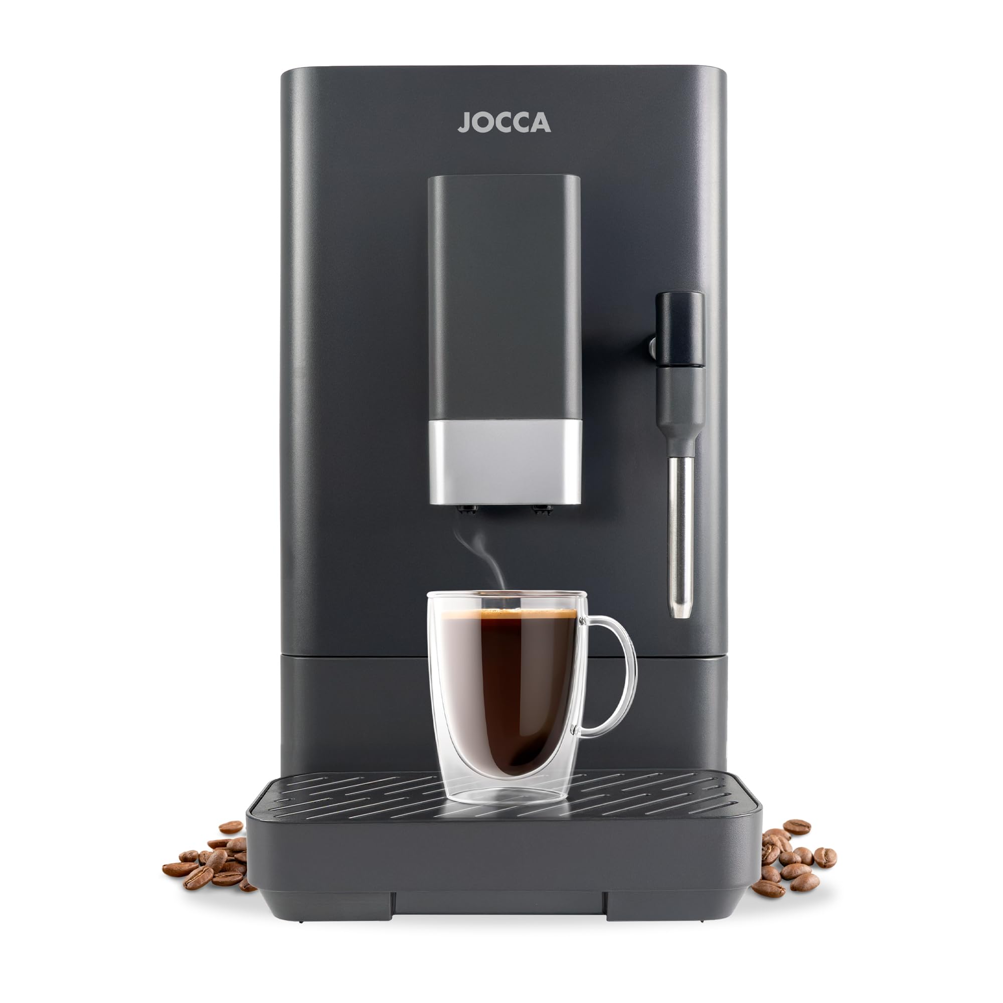 Jocca Cafetière super automatique 20 bars, 1 350 W, réservoir 1,5 l, moulin intégré 15 niveaux, vaporisateur à lait, fonctions expresso, double expres