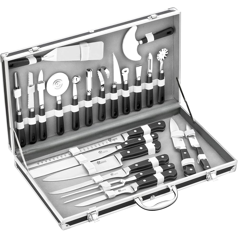 Pradel Excellence - Valise Cuisinier 23 Pièces - 8 Couteaux + 15 Ustensiles de Cuisine - Acier Inoxydable - Compatibles Lave-Vaisselle - Mallette Coutellerie de 50 x 28 x 7 cm : Cuisine et Maison