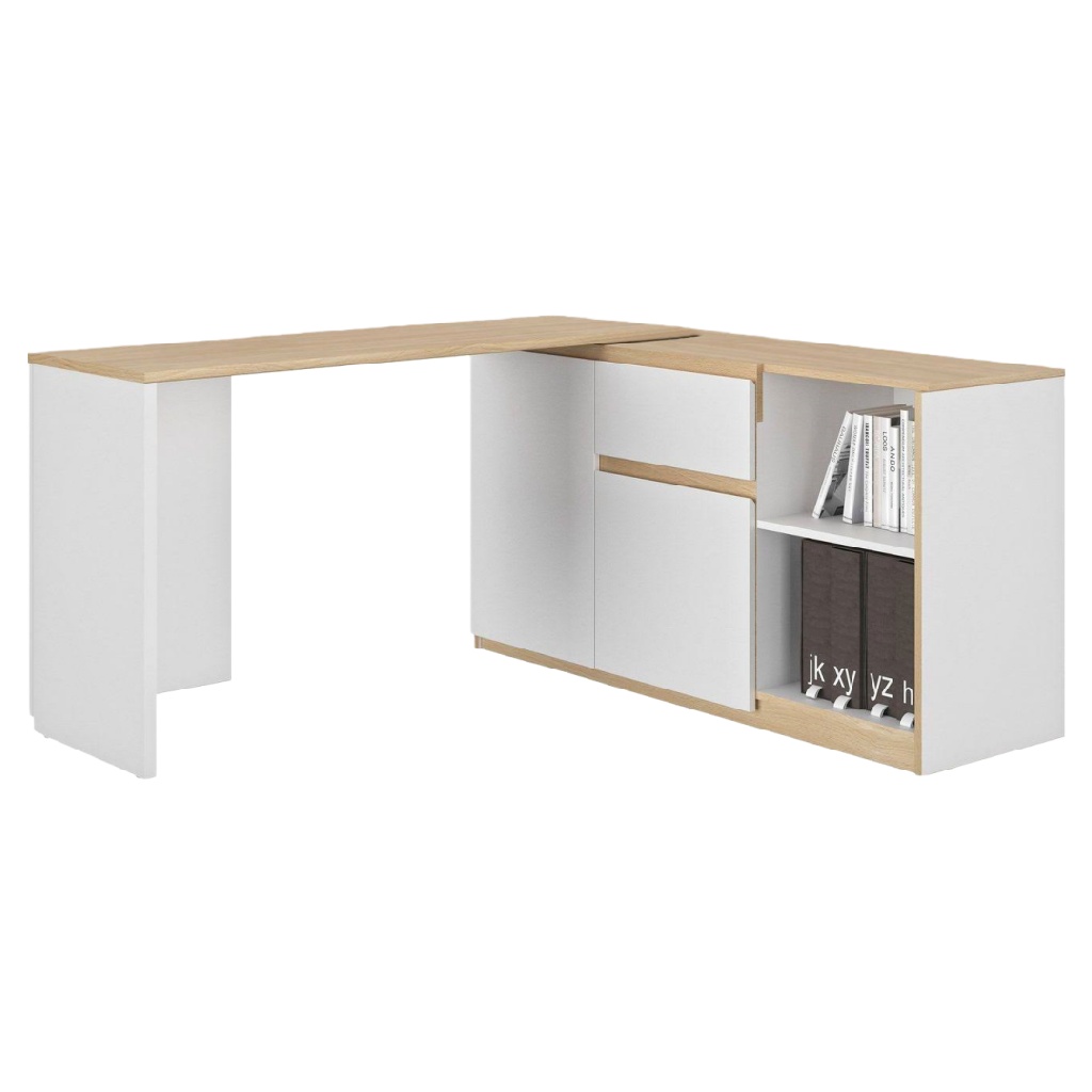 Bureau d’angle en L – design contemporain – blanc et bois clair – grand espace de rangement