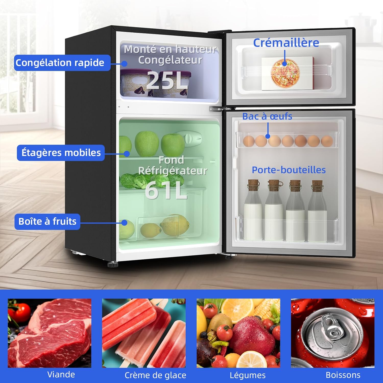 CHIQ FTM86L4 Mini Réfrigérateur, Double Porte 86 Litres