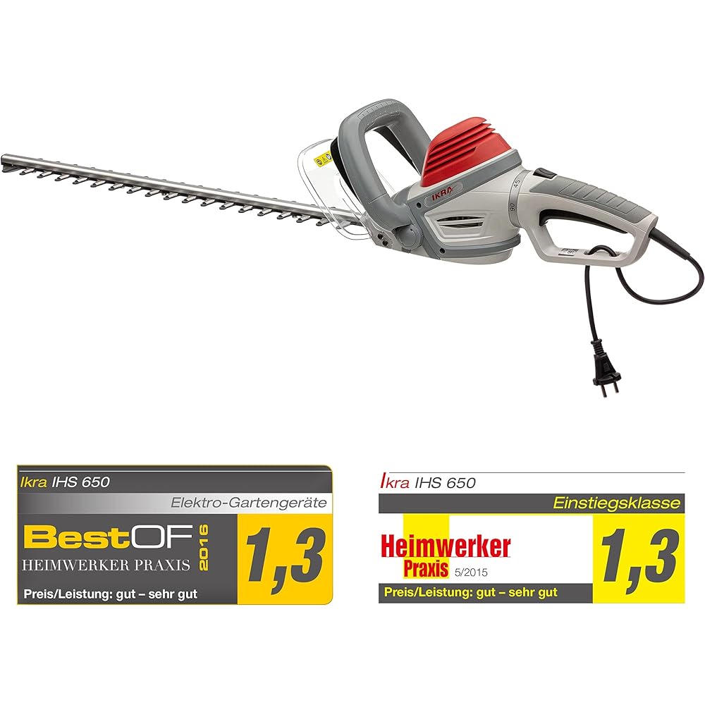 IKRA taille-haie électrique IHS 650 longueur de coupe 55cm, ecartement 22mm, 650W, poignée tournante à 180° : Jardin