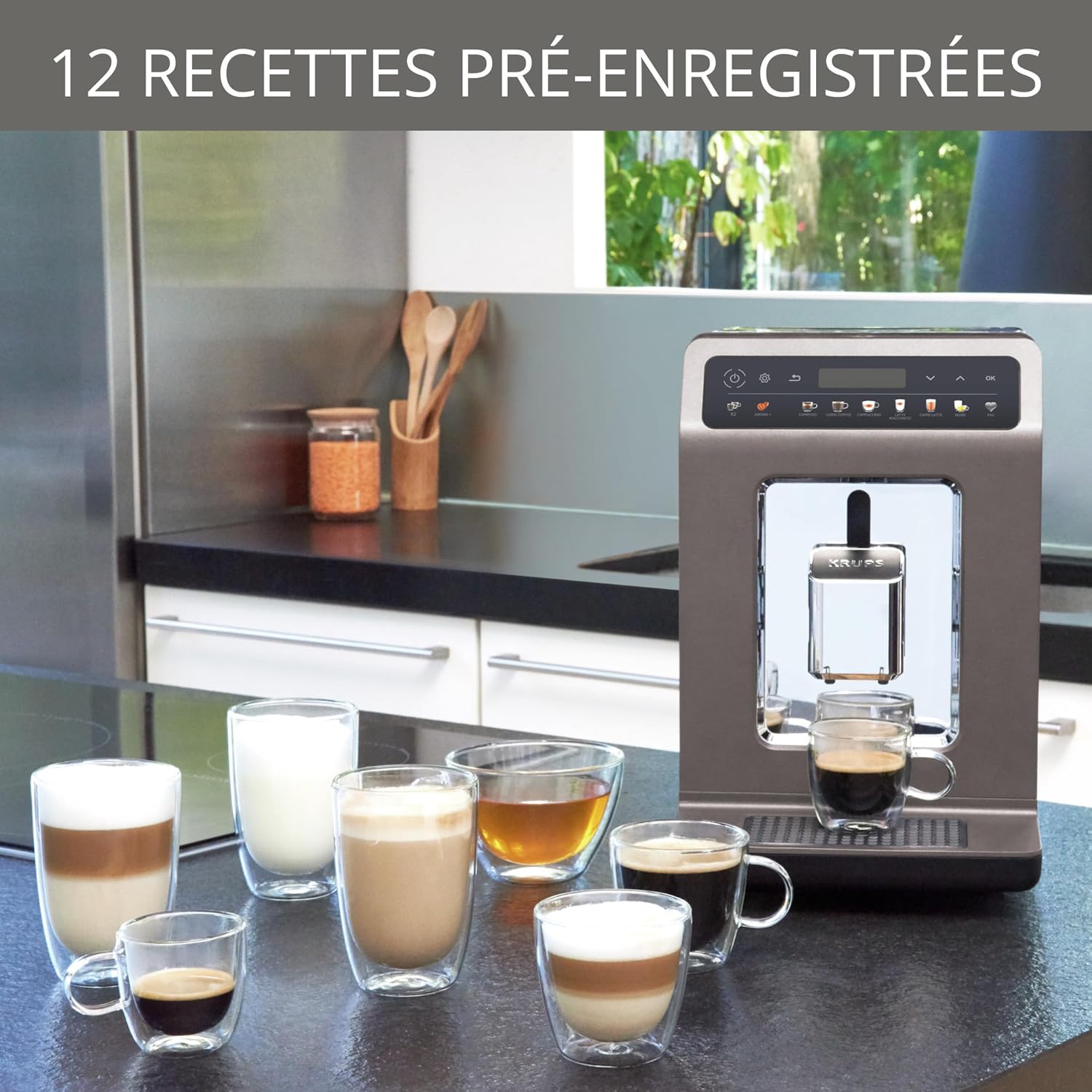 KRUPS Machine à café broyeur grain, tout automatique, 12 boissons pré-enregistrées, cafetière Espresso et boissons lactées,personnalisation des boissons écran LED Evidence One EA895N10
