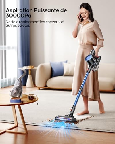 Powerffy Aspirateur Balai sans Fil, 400W/30000pa N10 Aspirateur sans Fil Puissant Jusqu'à 45mins Anti emmêlement Aspirateur Balais Vertical Léger pour Poils d'animaux/Tapis/Sols Durs : Cuisine et Maison