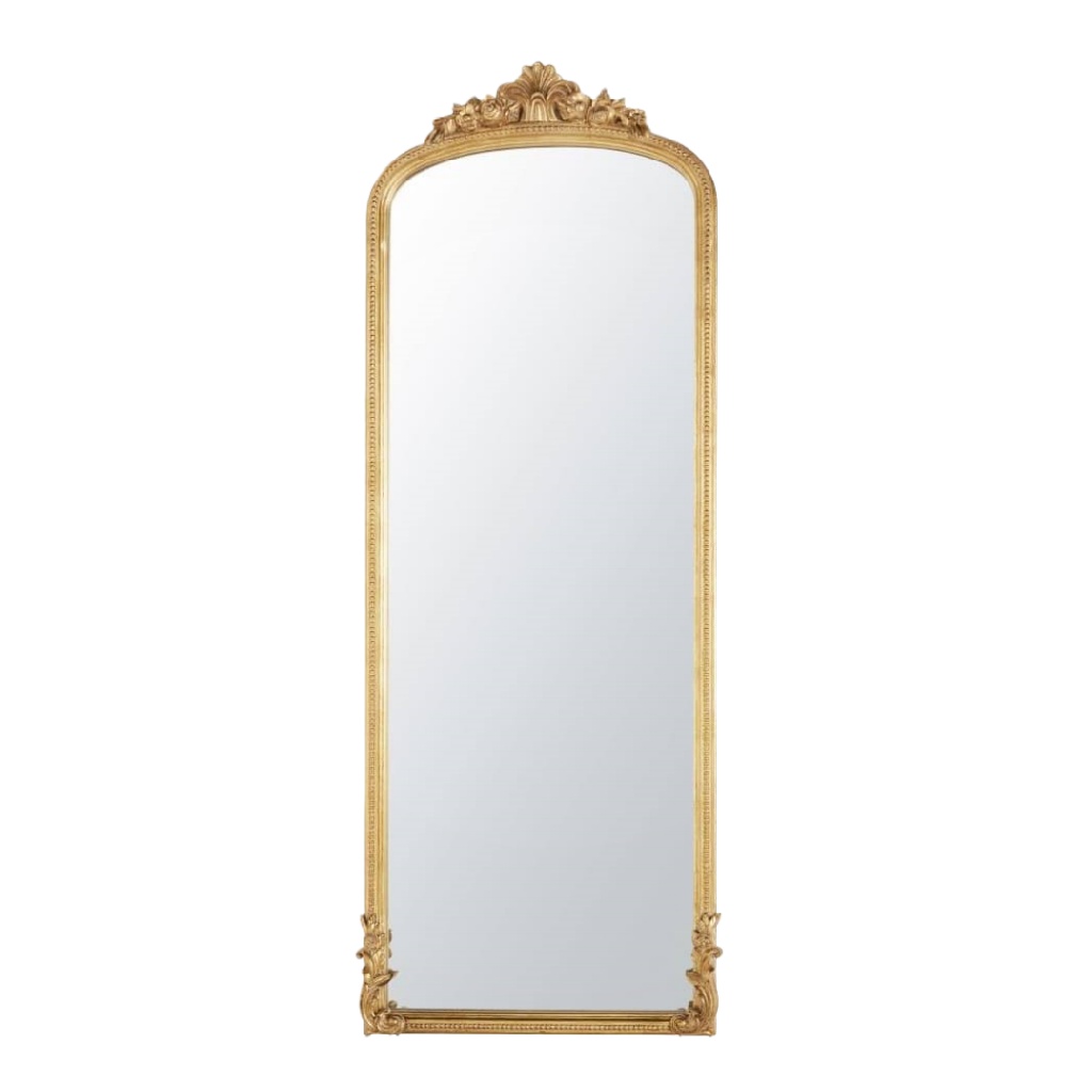 Grand miroir mural doré en forme d’arche avec cadre sculpté, style baroque français, 180 × 80 cm