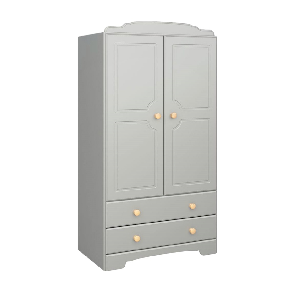 Armoire grise 2 portes et 2 tiroirs – style classique avec poignées bois – 90×50×180 cm