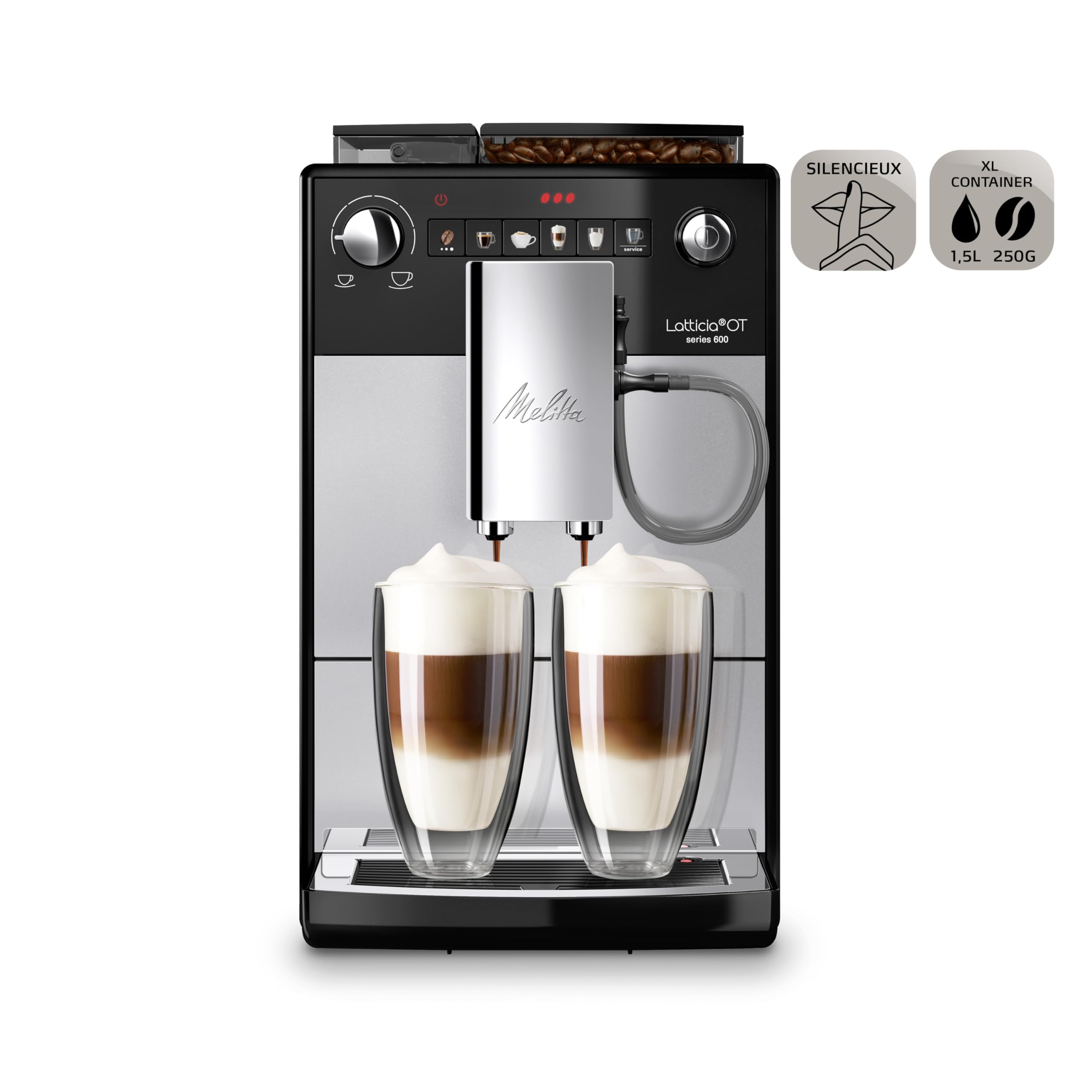 Melitta Latticia One Touch Argent, Machine à Café à Grains avec Broyeur et Système Latte Perfection, Silencieuse, Mode 1 à 2 Tasses, Automatique, F300