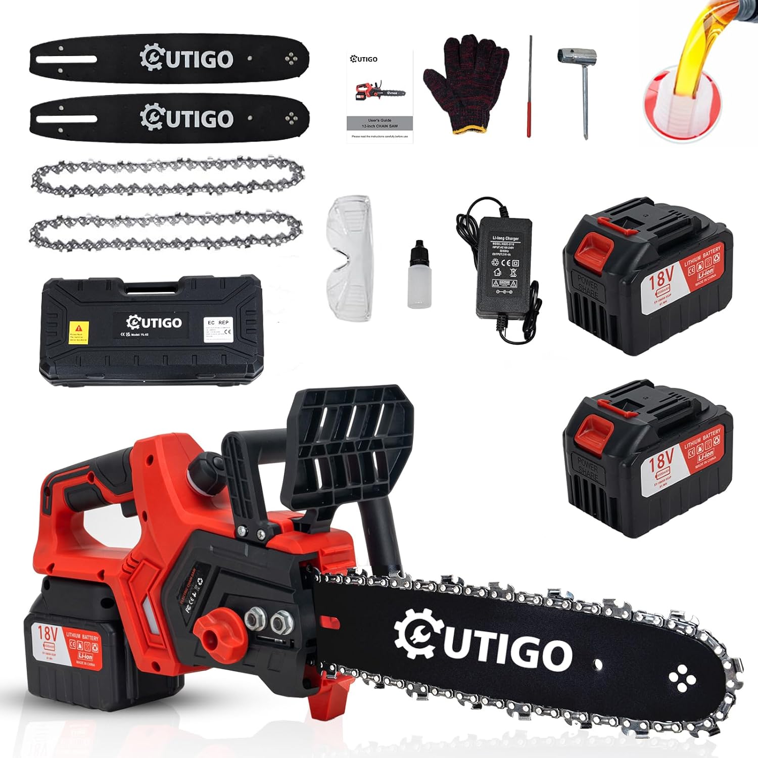 OUTIGO Trononneuse à batterie, Trononneuse, Trononneuse 12 pouces, Trononneuse 9000mAh, 2 Chane à angle droit pointue+2 barres de guidage de chane，MINI Trononneuse électrique sans fil