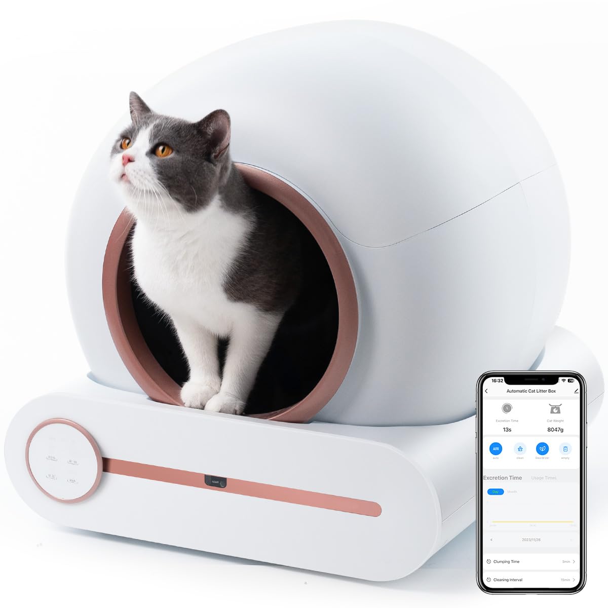 Megonia Litière Autonettoyante Chat Automatique: 2.4GHz WiFi Con App Contrôle à Distance 65L Grande Capacité Anti-Pincement/Fuites/Odeur pour Famille