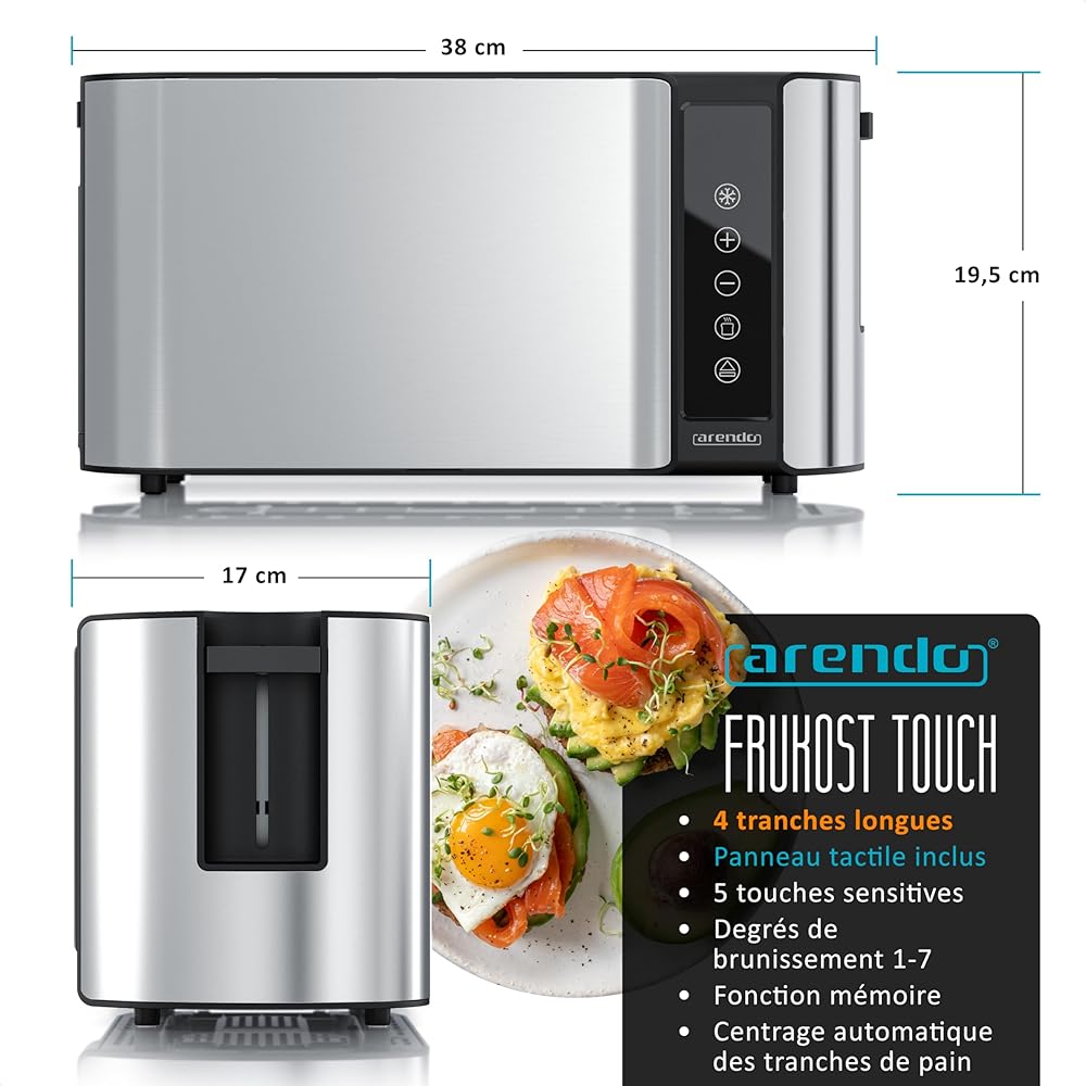 arendo Grille-Pain à 4 Fentes Longues 1500 W, écran Tactile, boîtier à Double paroi, Support à viennoiseries, 7 Niveaux de brunissement, centrage et Affichage du Temps restant, Fonction mémoire : Cuisine et Maison