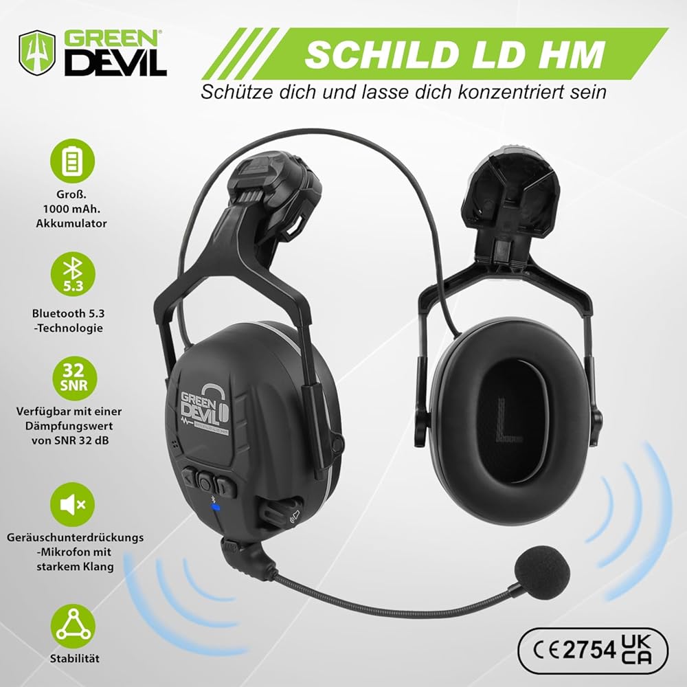GREEN DEVIL Mervex Vent Casque de protection avec protection auditive active et visière transparente Casque de travail ABS Casque de sécurité EN 397 Casque industriel EN352 SNR 32 dB avec Bluetooth : Bricolage
