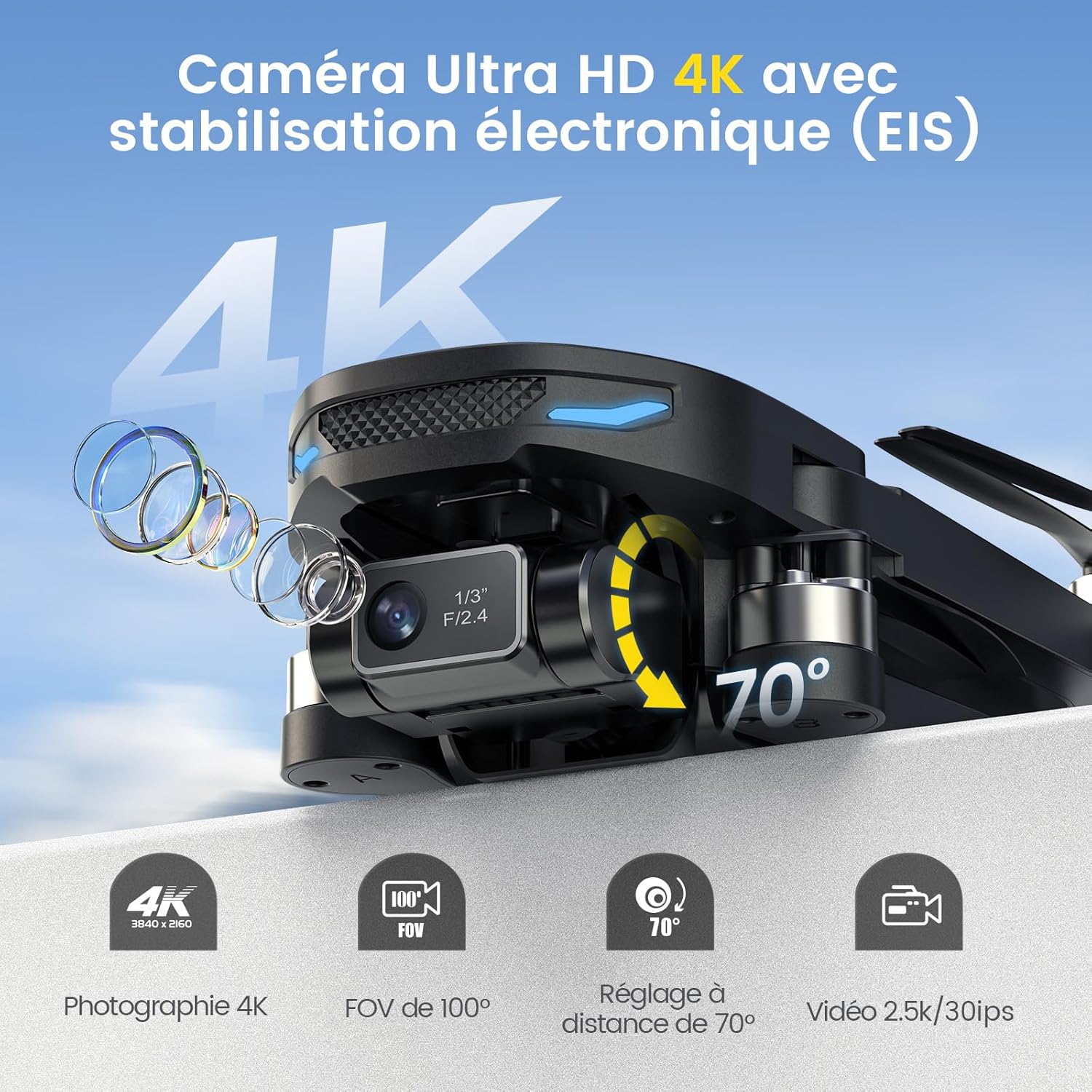 DEERC D65 Drone EIS 4K, Caméra avec Cardan à 2 Axes,