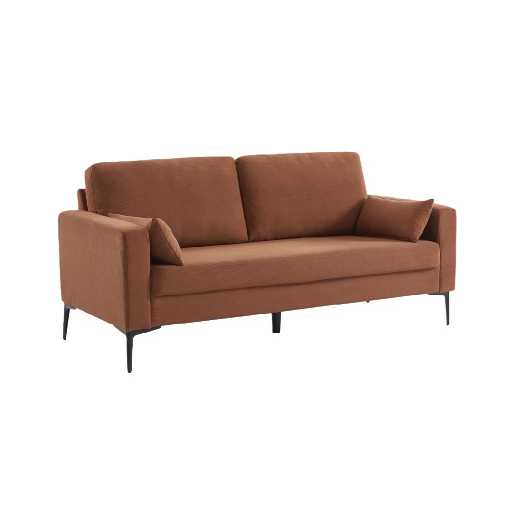 Canapé 3 places en tissu brun caramel – pieds en métal noir – style contemporain et confortable