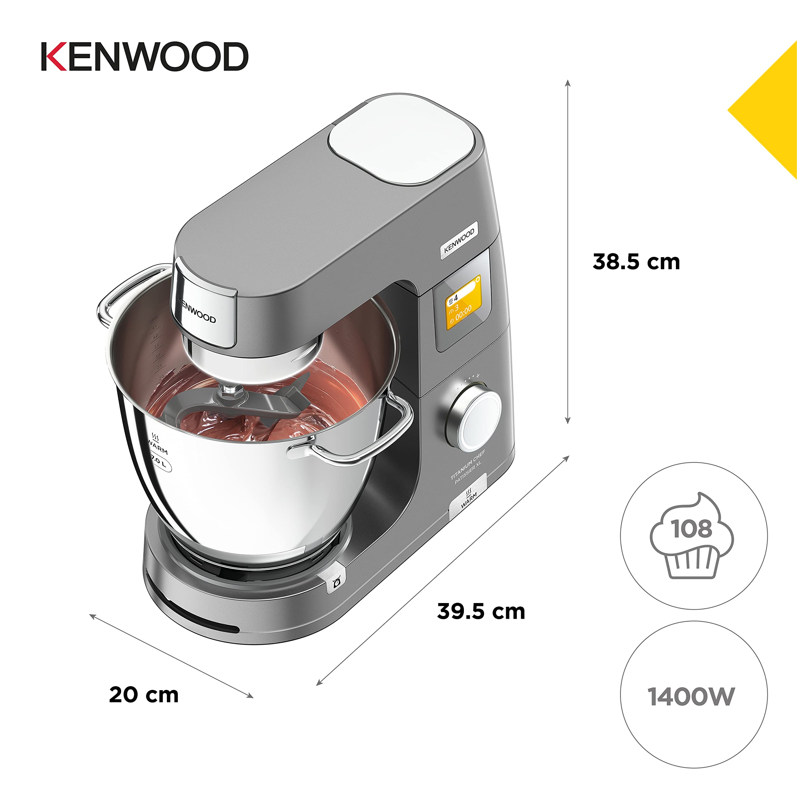 Kenwood Titanium Chef Patissier XL KWL90.034SI, Robot Patissier Balance Intégrée, Batteur K, Pétrin, Fouet, Batteur Souple, Deux Bols, Couvercle Anti-