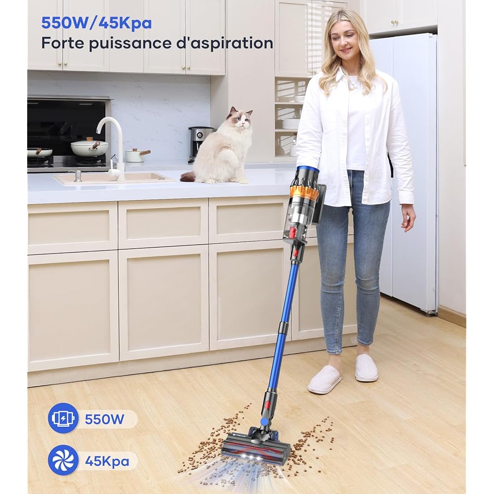 MIBODE Aspirateur Balai sans Fil, 550W/45Kpa/70Mins Aspirateur sans Fil avec écran Intelligent, Aspirateur Balai avec Mode Automatique et Brosse Anti-emmêlement pour Tapis, Sols Durs, Poils d'animaux : Cuisine et Maison