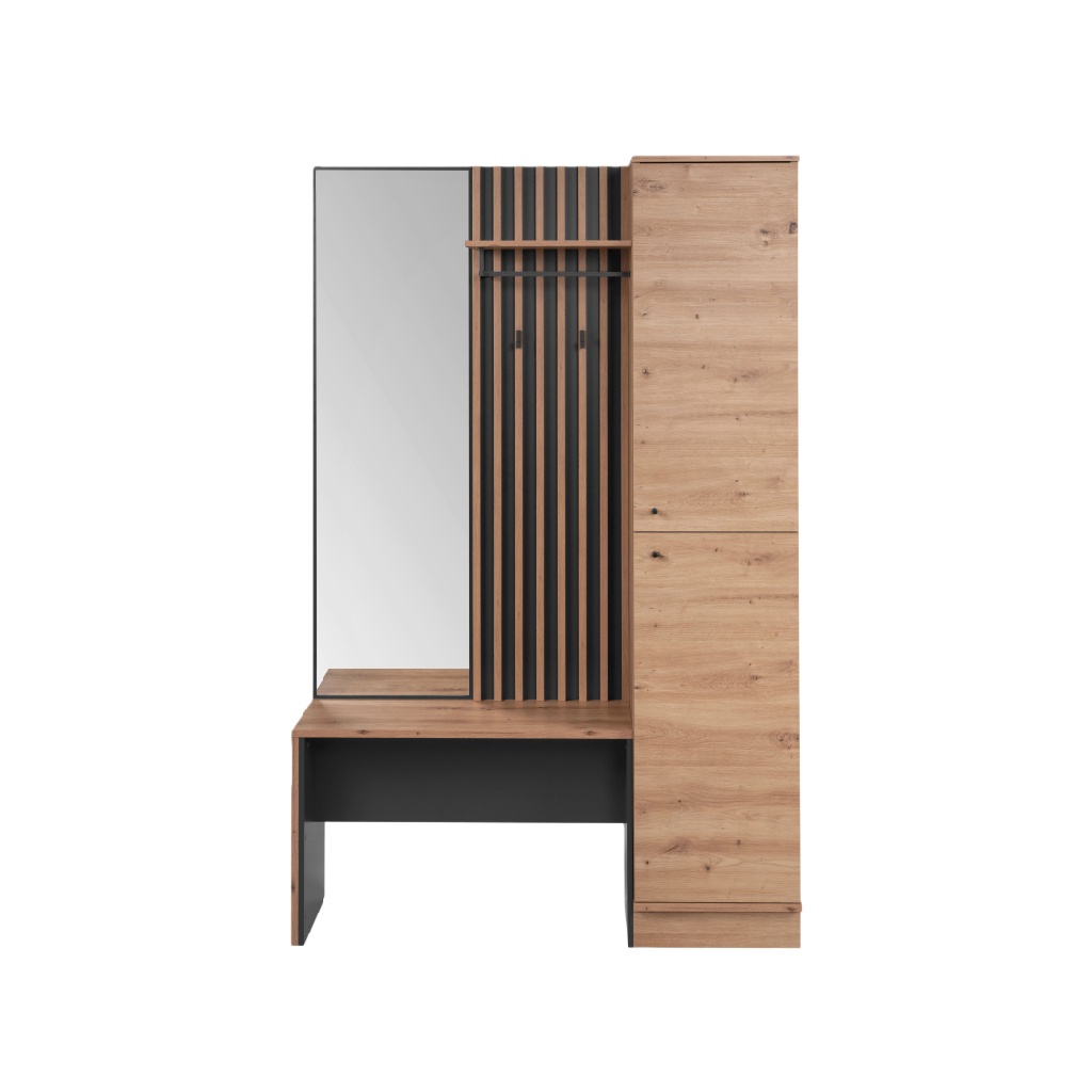 Meuble d’entrée moderne chêne et noir avec miroir – armoire + banc + porte-manteaux – 160×40×200 cm