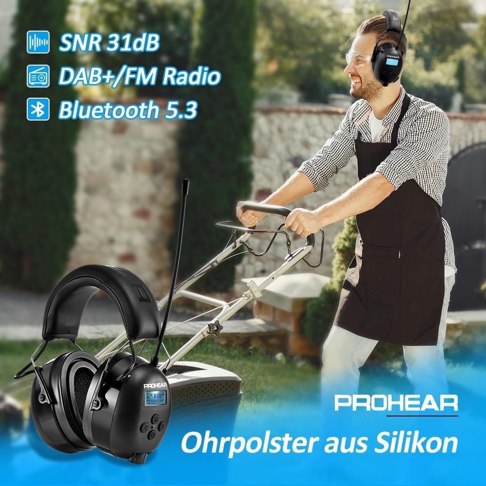 PROHEAR 033A Casque Anti Bruit Radio, DAB+/FM Radio et Bluetooth sans fil, Protection Auditive Electronique Rechargeable, SNR 31dB/NRR 25dB, Pdéal Pour Chantier, Atelier, Jardin et Tonte,Noir Gel : Bricolage