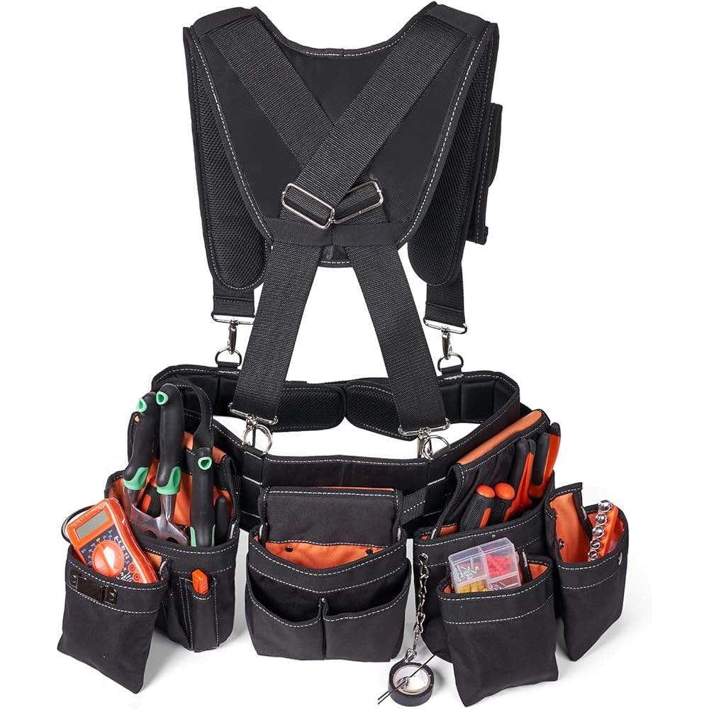 Ceinture à outils avec bretelles – Ceinture à outils pour homme, 22 poches, organiseur d'outils robuste pour encadreurs, charpentiers, électriciens, menuisiers, menuisiers, orange : Bricolage