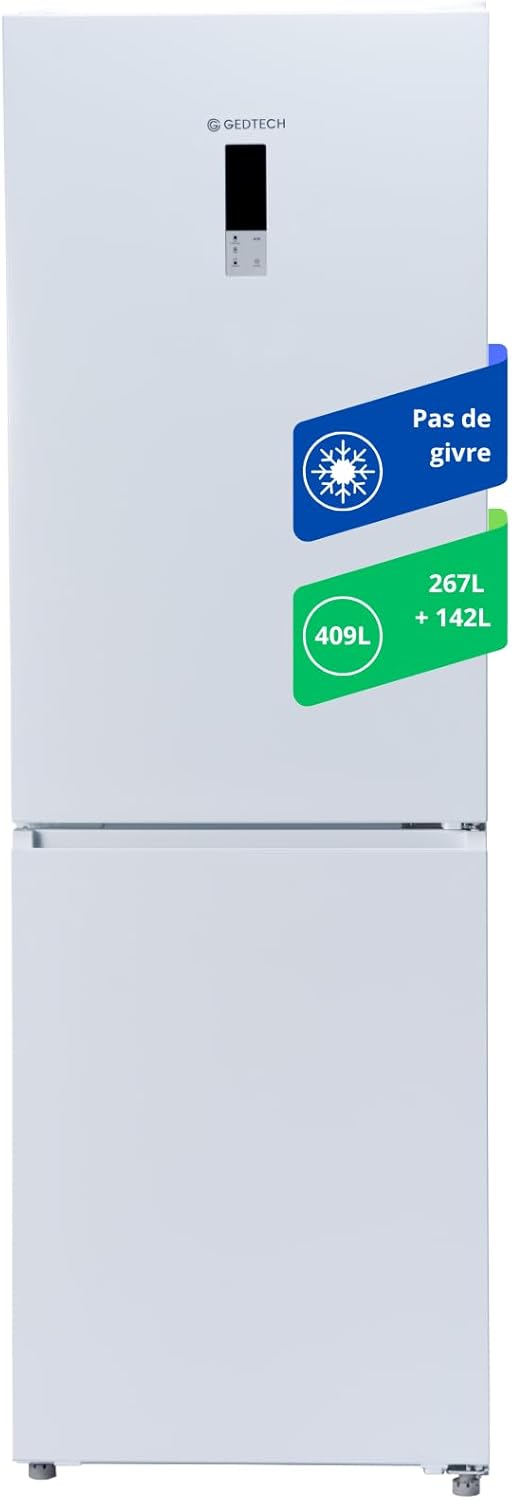 GEDTECH Réfrigérateur combiné GCB409NFWH congélateur bas 409L (267L + 142L) - No Frost (Pas de Givre) - Blanc